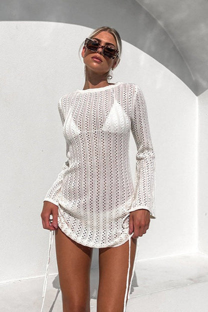 Crochet Open-Knit Bell Sleeve Drawstring Side Mini Dress