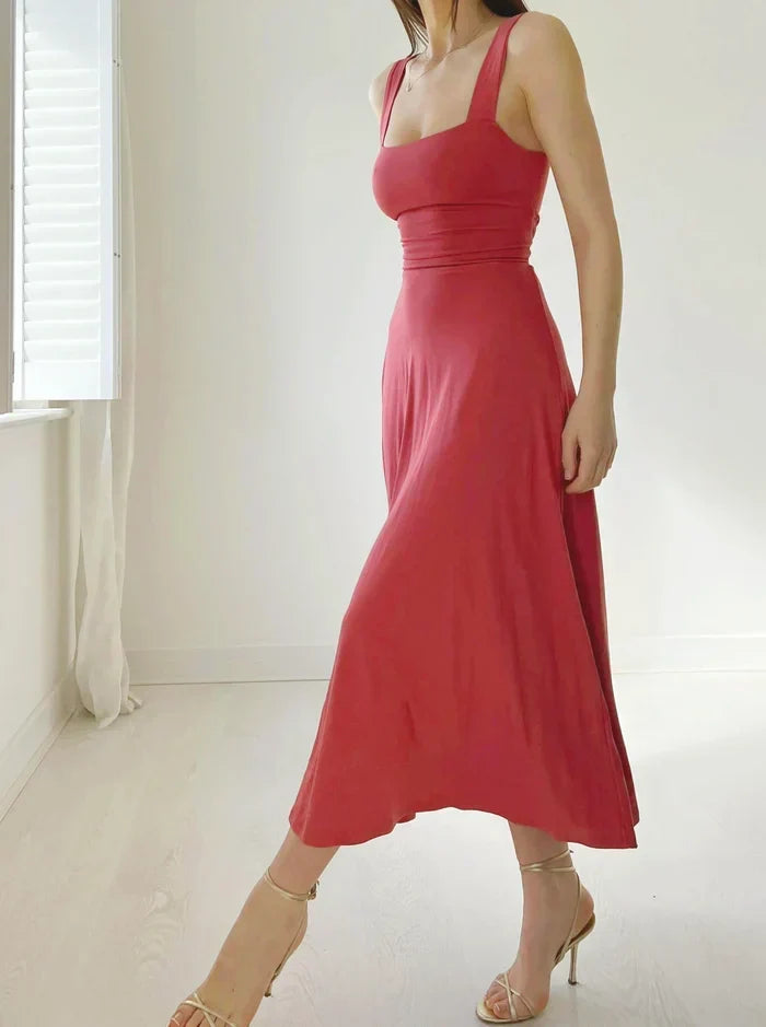 Square Neck Wide Strap A-Line Midi Dress