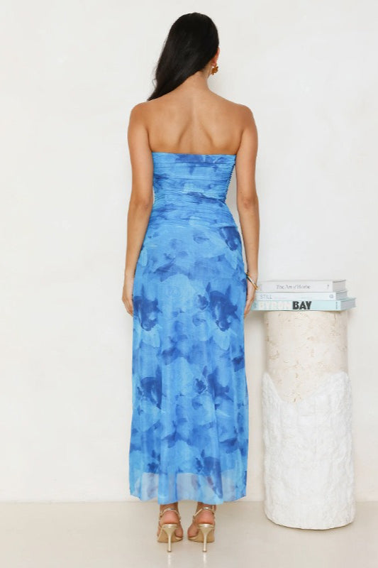 Strapless Abstract Print Mesh Overlay Ruched High Split Maxi Dress