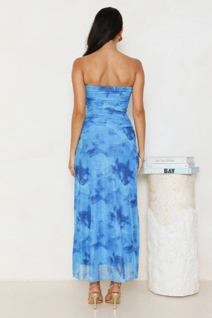 Strapless Abstract Print Mesh Overlay Ruched High Split Maxi Dress