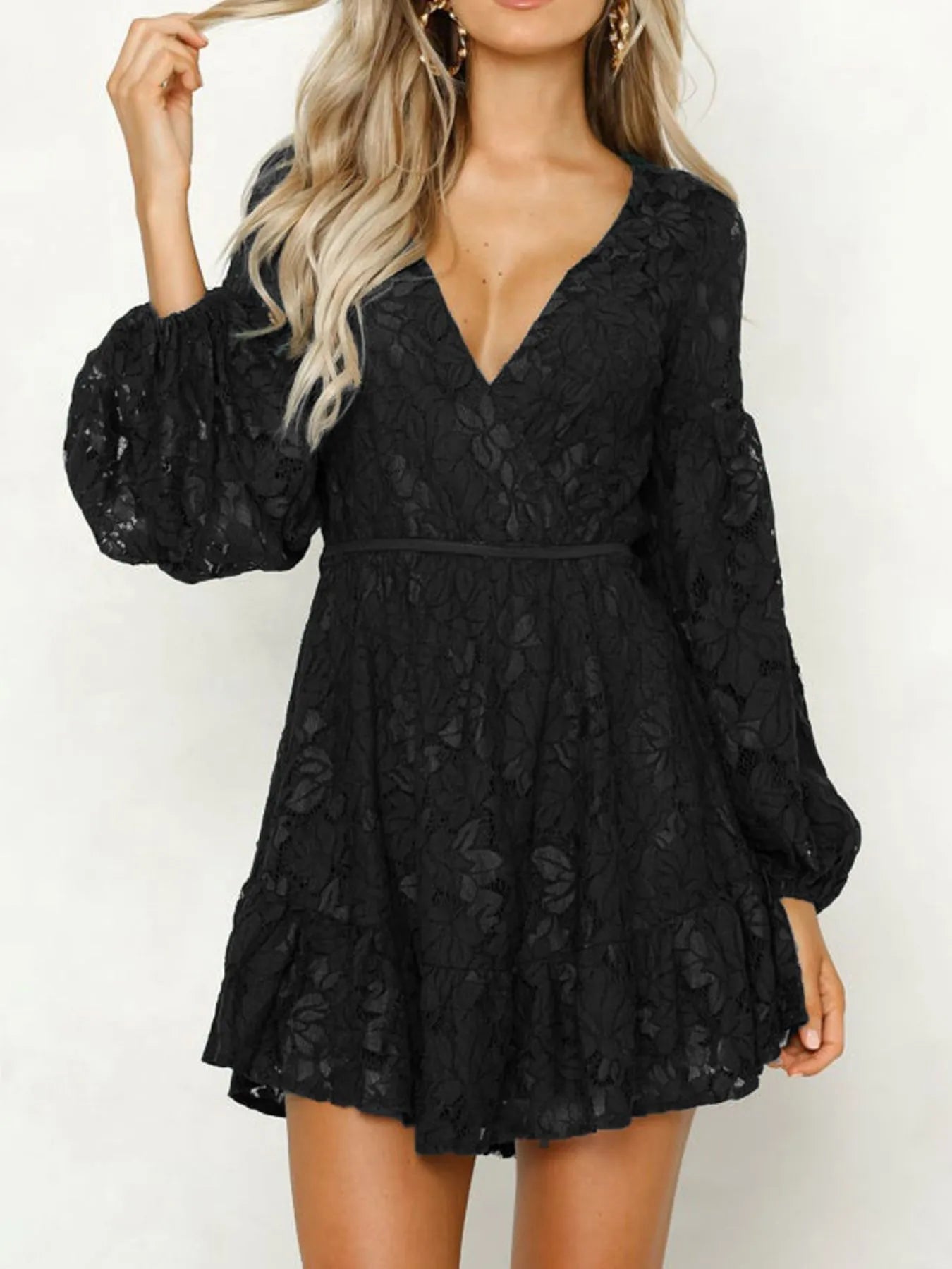 Floral Lace Deep V-Neck Balloon Sleeve Fit and Flare Mini Dress