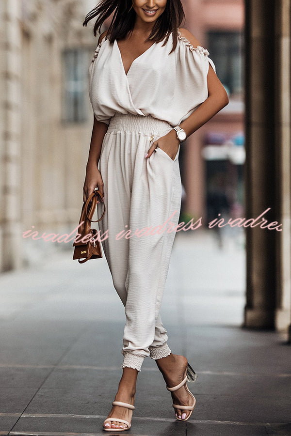 Wonderful Ideas Ruffle Cold Shoulder Jumpsuit