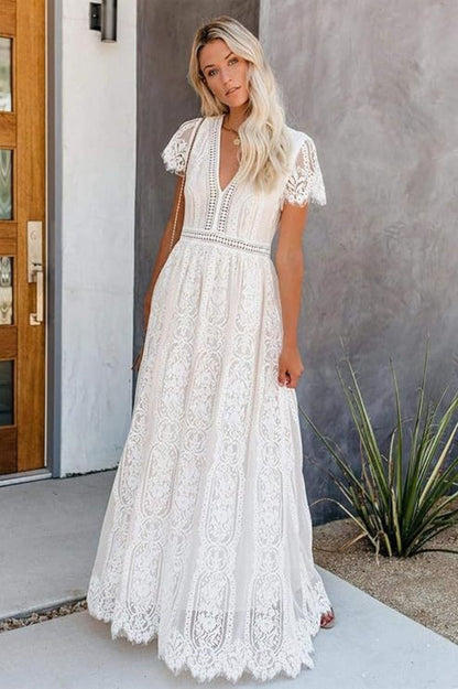 V-Neck Flutter Sleeve Ladder-Trim Lace Boho Maxi Dress