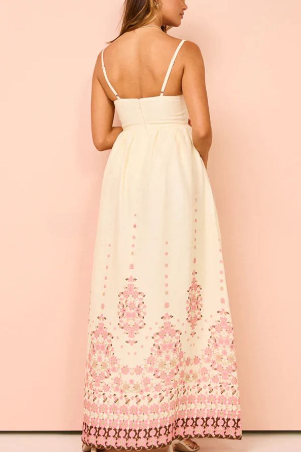 Linen Blend Floral Border Print Spaghetti Strap Empire Waist Maxi Dress