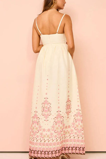 Linen Blend Floral Border Print Spaghetti Strap Empire Waist Maxi Dress