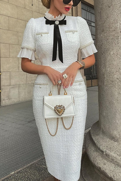 Tweed Ruffle Collar Velvet Bow Pearl Trim Bodycon Midi Dress