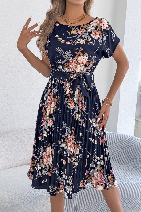 Floral Print Round Neck Fitted Waist Tie Pleated Midi Dress