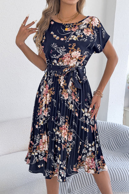 Floral Print Round Neck Fitted Waist Tie Pleated Midi Dress