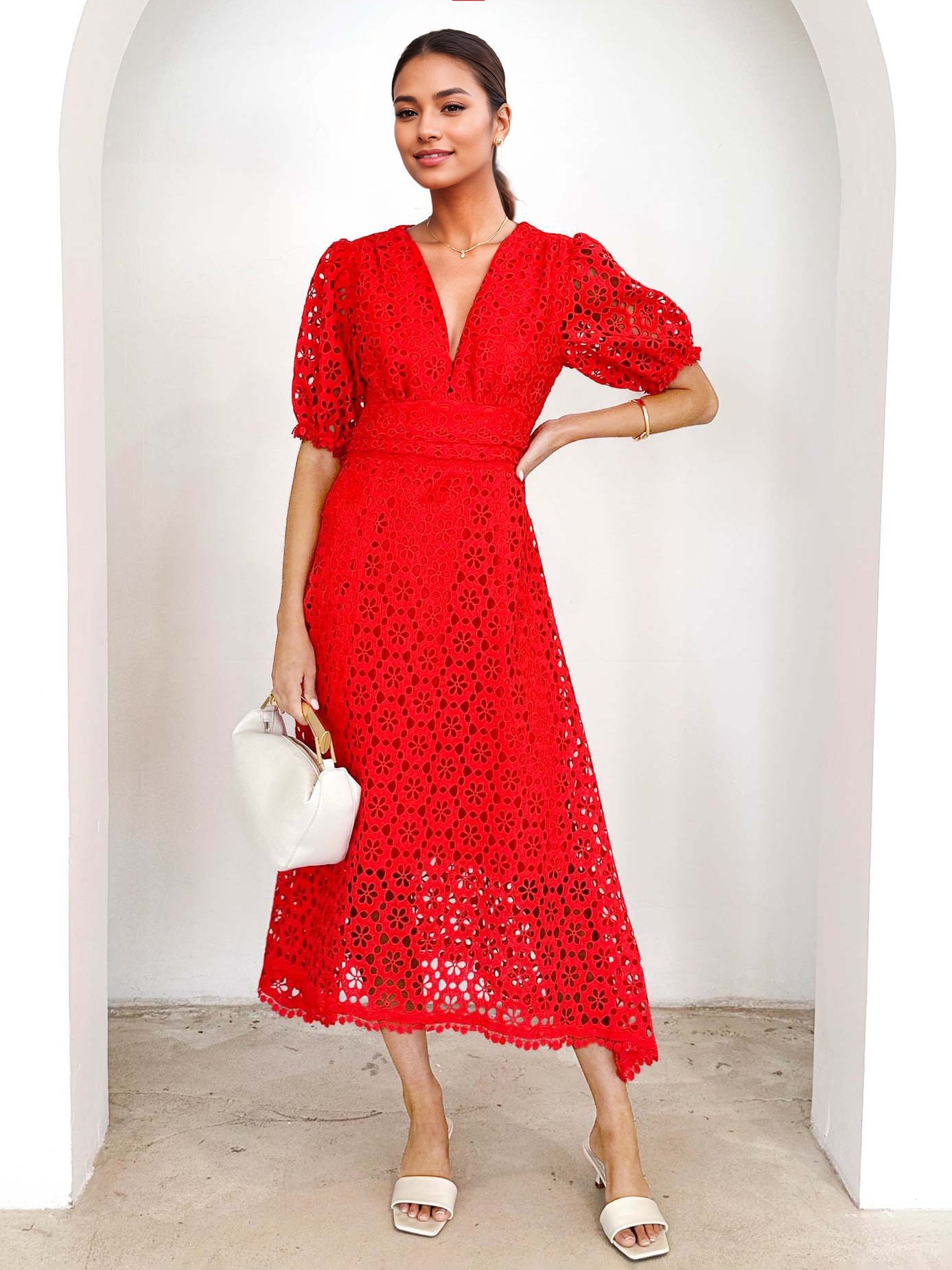 Lace Dress V-neck Puff Sleeve A-line Midi Dress For Women 2026