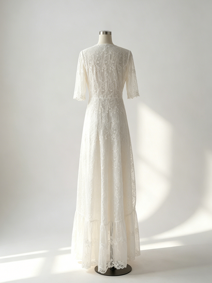 White Lace Maxi Boho Dress for Women - Embroidery Button Front Short Sleeves High Low Dress - Summer Beach Bridal Party Wear 2026