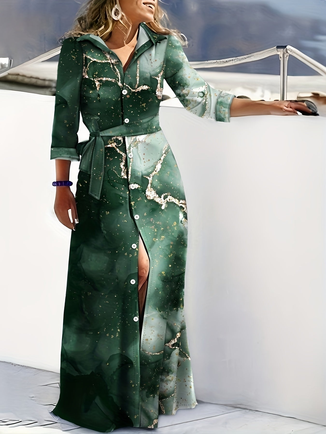 Marble Print Long Sleeve Belted Button Front Shirt Maxi Dress
