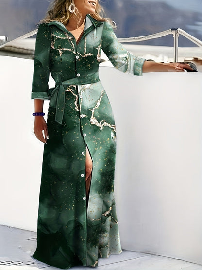 Marble Print Long Sleeve Belted Button Front Shirt Maxi Dress