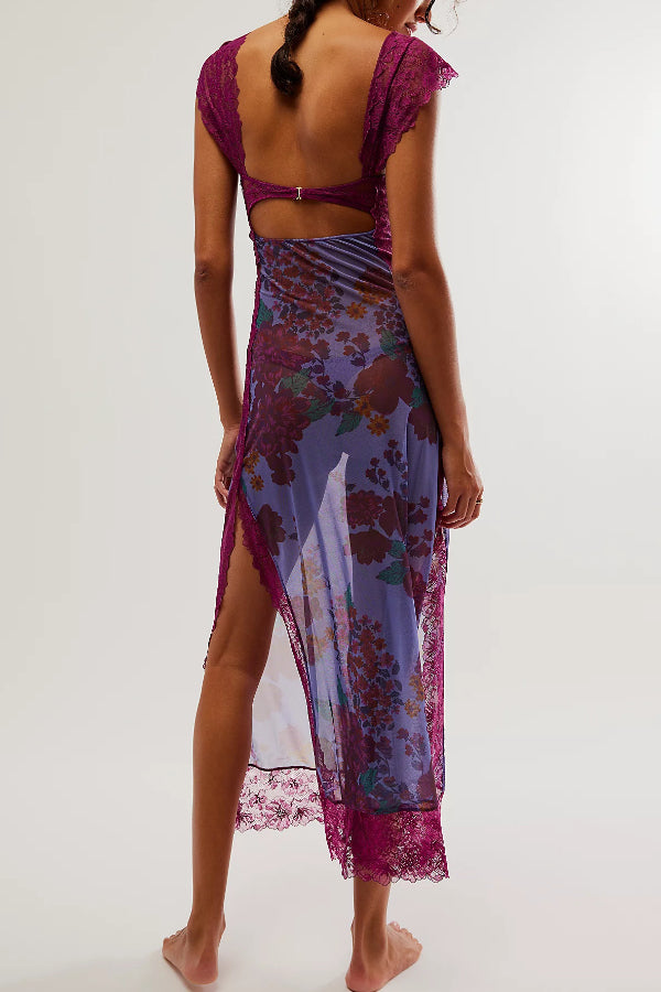 Floral Print Lace Patchwork Hollow-out Slim-fit Midi Dress