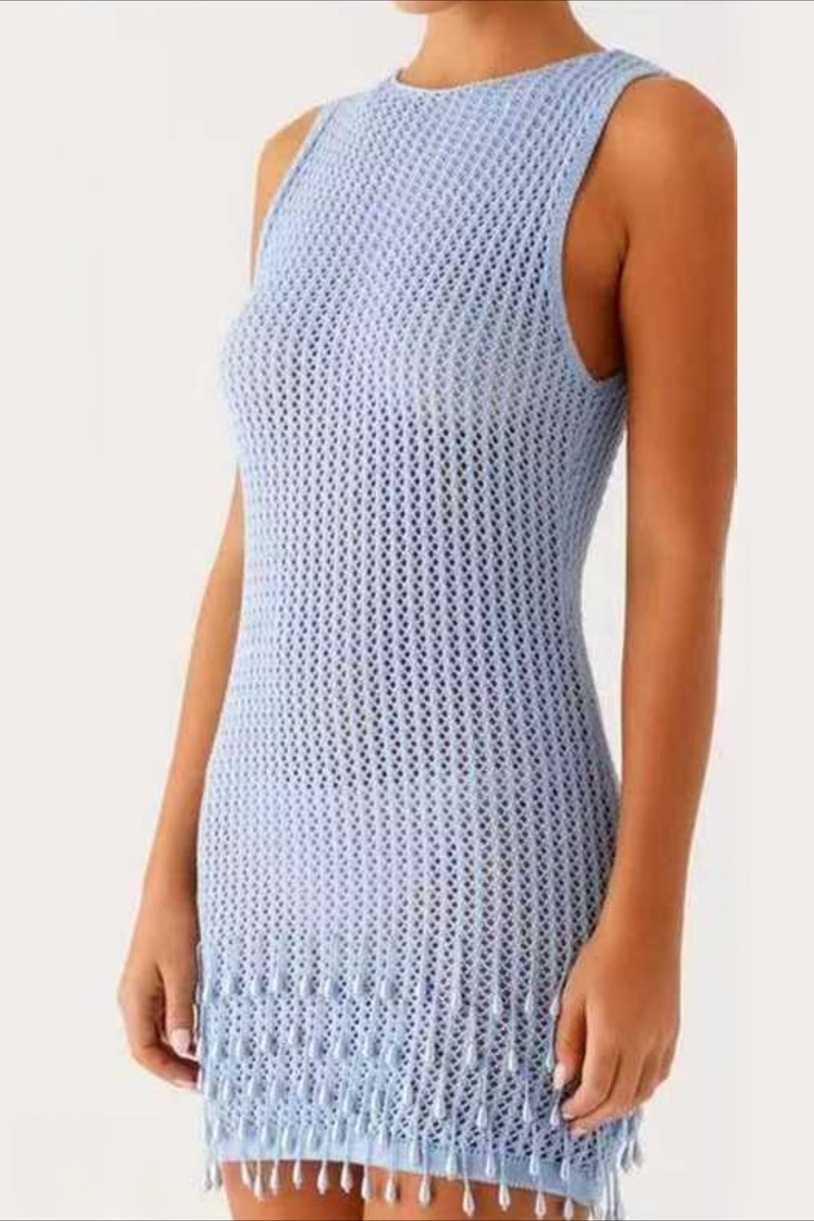 High Neck Sleeveless Crochet Mesh Beaded Teardrop Fringe Mini Dress
