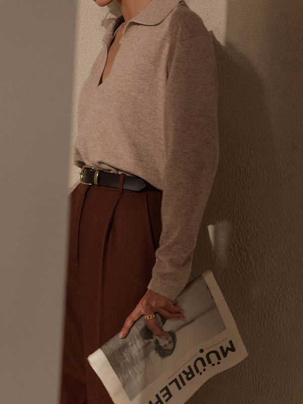 Solid Lapel Neck Knit Sweater