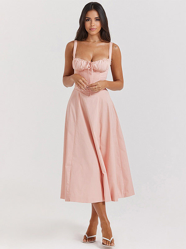 Soft Pink Summer Dress Sleeveless Straps Neck Cottagecore Lace Up Midi Dress For Women