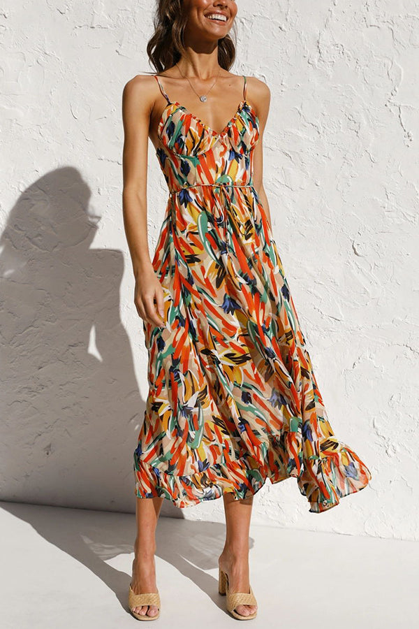 Abstract Brushstroke Print Spaghetti Strap Ruched Cup Tie-Waist Ruffle Hem Midi Dress