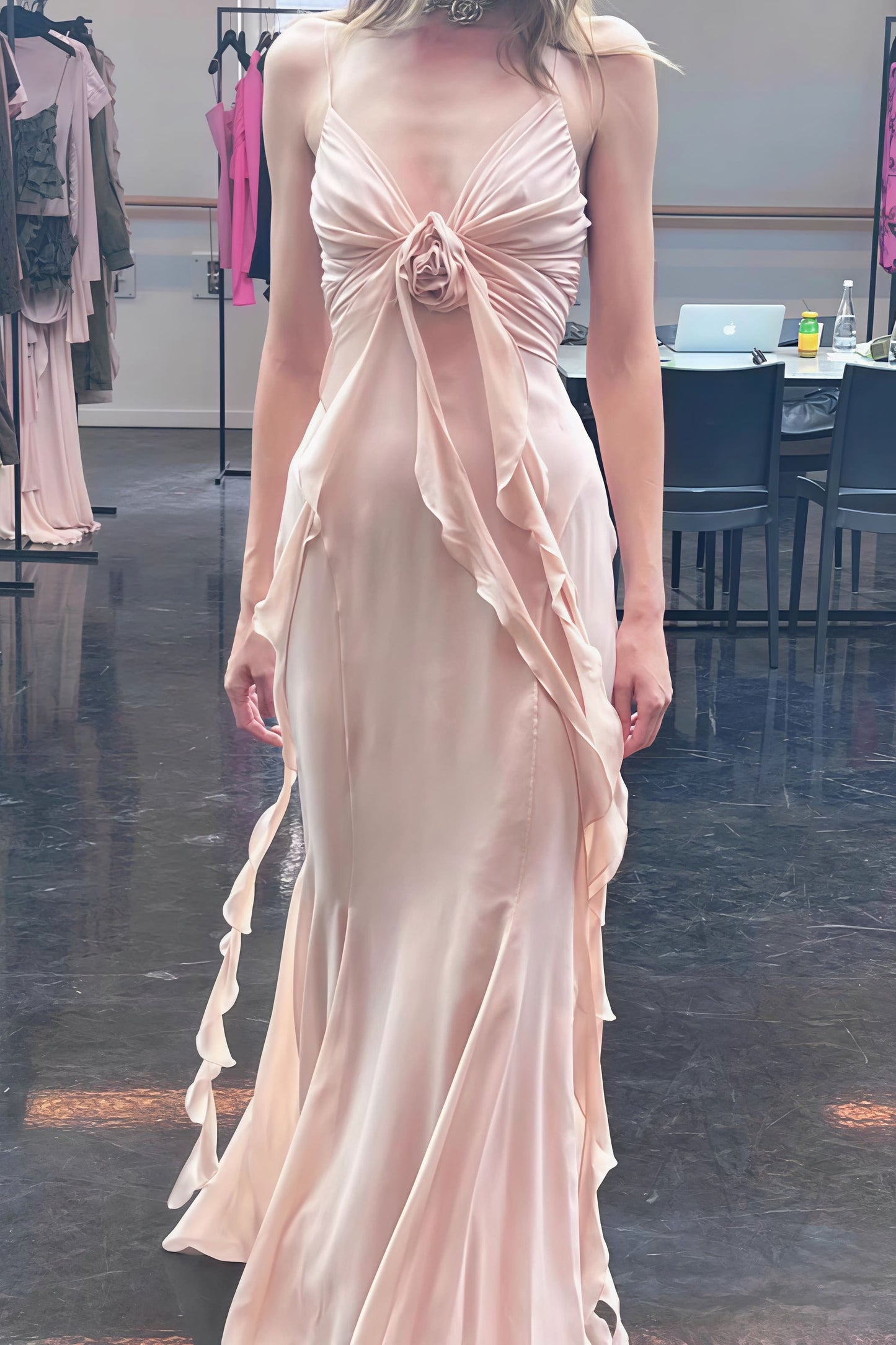 | 3D Rose Flowy Spaghetti Strap Backless Maxi Dress