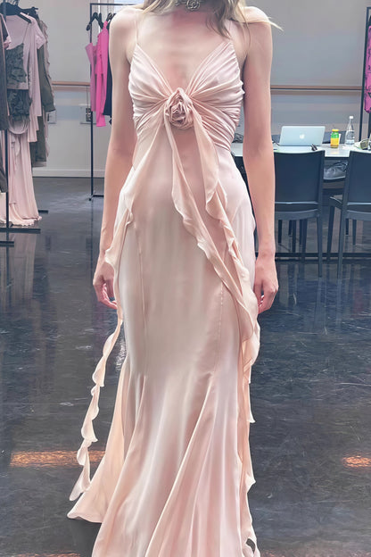 | 3D Rose Flowy Spaghetti Strap Backless Maxi Dress