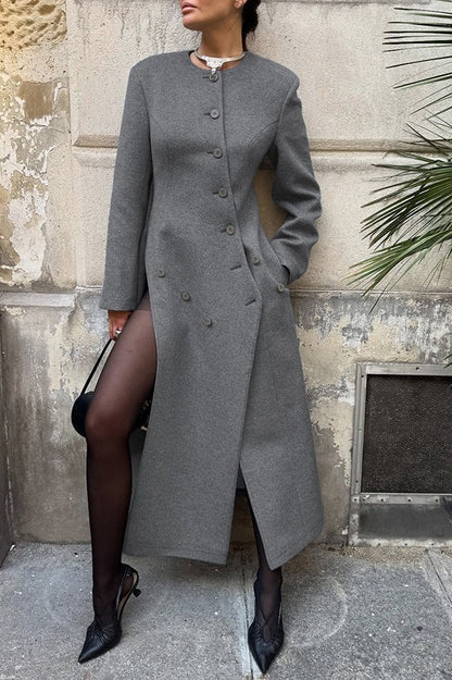 Gray Round Neck Wool Coat