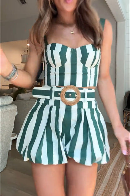 Claudine Striped Heart-shaped Smocked Tank and Raffia Buckle Belted Pocket Bubble Shorts Set
