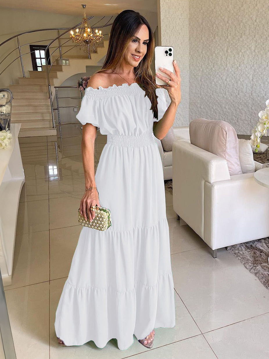 Off Shoulder Smocked Maxi Dress For Women - Boho Tiered A-Line Beach Gown with Puffy Sleeves - Summer Vacation 2026