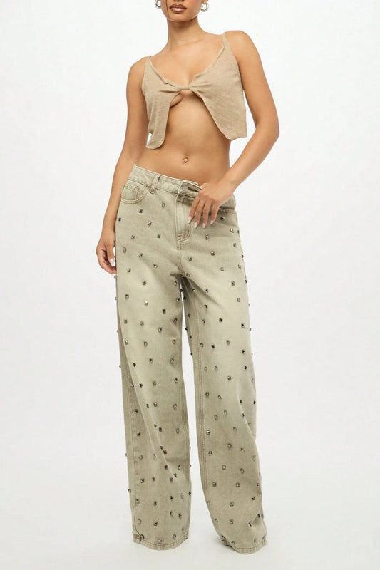 Edgy Retro Metal Bead Full-Diamond Low-Rise Straight Jeans