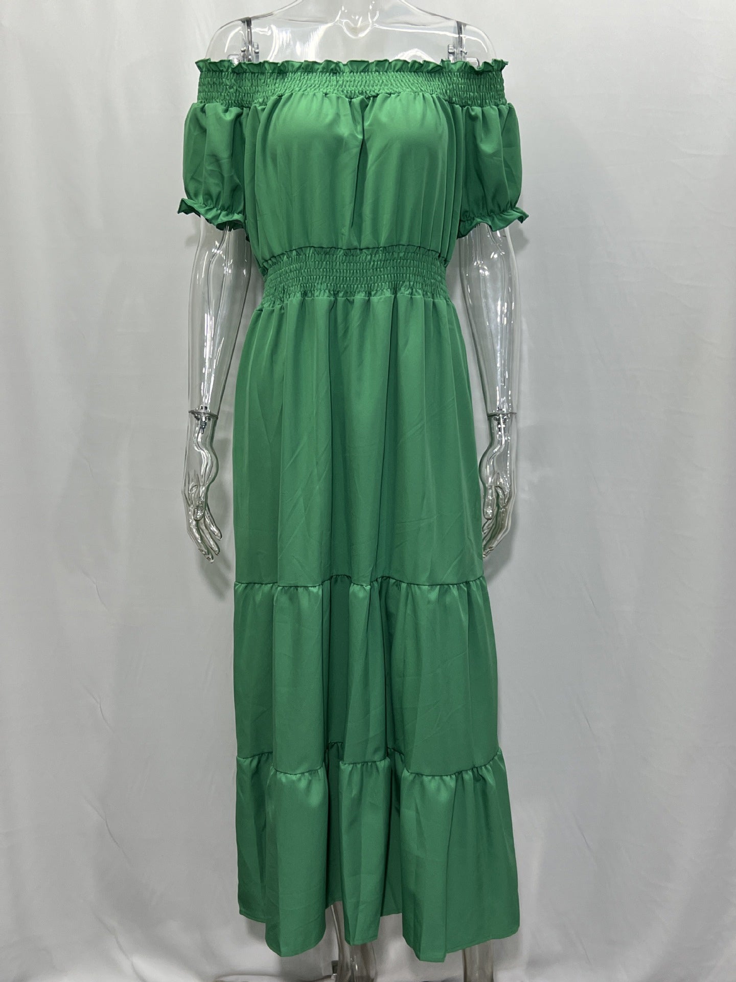 Off Shoulder Smocked Maxi Dress For Women - Boho Tiered A-Line Beach Gown with Puffy Sleeves - Summer Vacation 2026