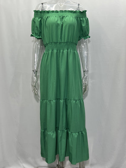 Off Shoulder Smocked Maxi Dress For Women - Boho Tiered A-Line Beach Gown with Puffy Sleeves - Summer Vacation 2026