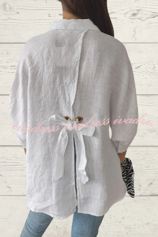 Linen Blend Solid Color Tie Back Loose Shirt Top