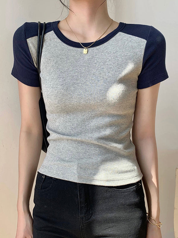 Contrast Color Stitching Crewneck Short Sleeve Knits