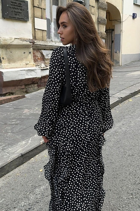 Polka Dot Wrap V-Neck Balloon Sleeve Ruffle Front Maxi Dress
