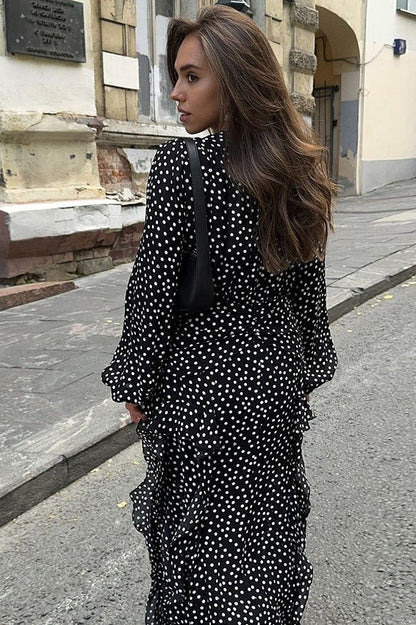 Polka Dot Wrap V-Neck Balloon Sleeve Ruffle Front Maxi Dress