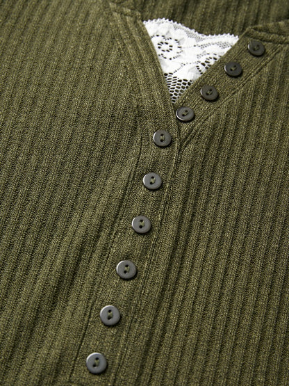 Lace Paneled Button Long Sleeve Knit Top