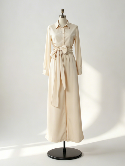 Linen Cotton 2 Piece Set For Women - Elegant Long Sleeves Belted Shirt And Wide Leg Pants - Summer Resort Style 2026