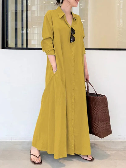 Oversized Button-Front Collared Long Sleeve Pocket Shirt Maxi Dress