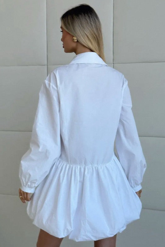 Collared Button Front Puff Sleeve Drop Waist Bubble Hem Mini Shirt Dress