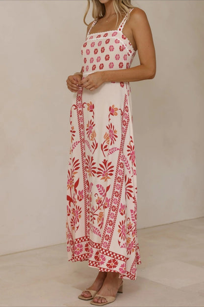 Scalloped Trim Square Neck Panel Print Border Hem Maxi Dress