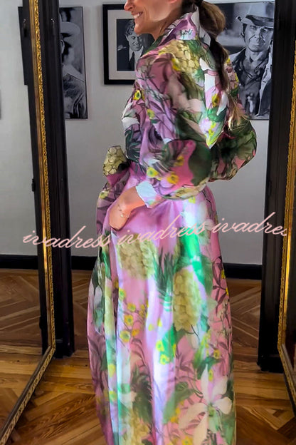 Seeds of Happiness Tulle Floral Print Balloon Sleeve Belt Blouse