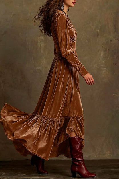 Fashionable Velvet V-neck Long-sleeved High-waisted Maxi Dress