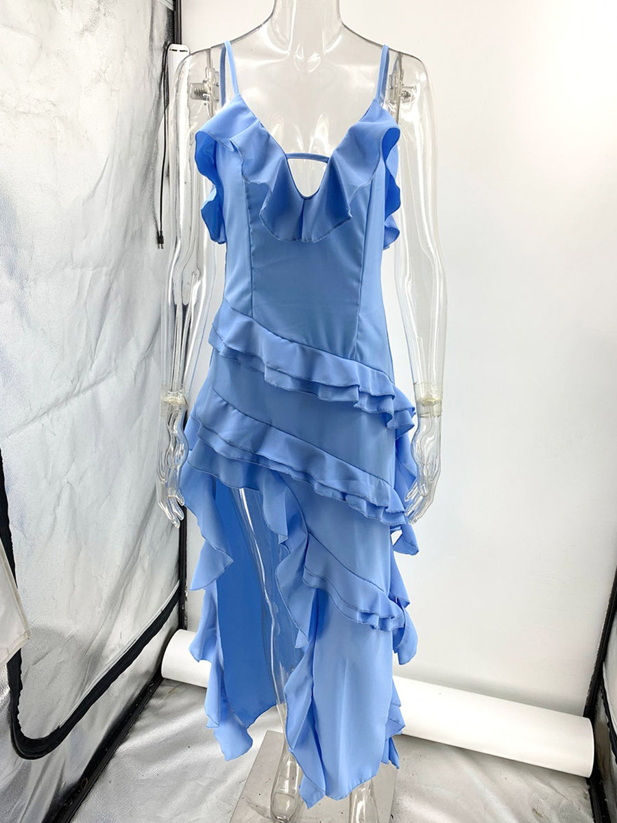 High Low Ruffle Maxi Slip Dress for Wedding Guest - Light Sky Blue V Neck Layered Women Sexy Cocktail Gown - Summer Vacation 2026