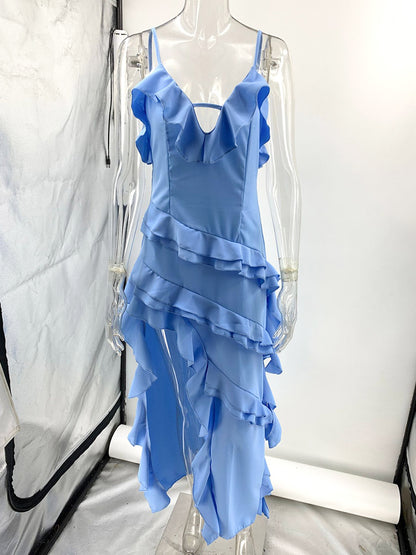 High Low Ruffle Maxi Slip Dress for Wedding Guest - Light Sky Blue V Neck Layered Women Sexy Cocktail Gown - Summer Vacation 2026