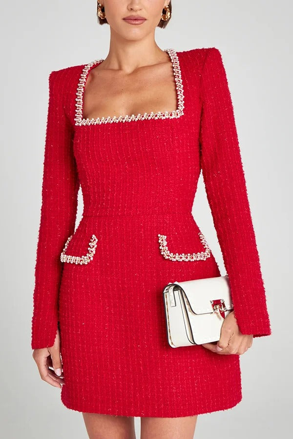 Tweed Square Neck Pearl Trim Long Sleeve Mini Dress