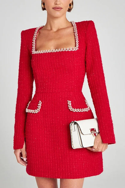 Tweed Square Neck Pearl Trim Long Sleeve Mini Dress