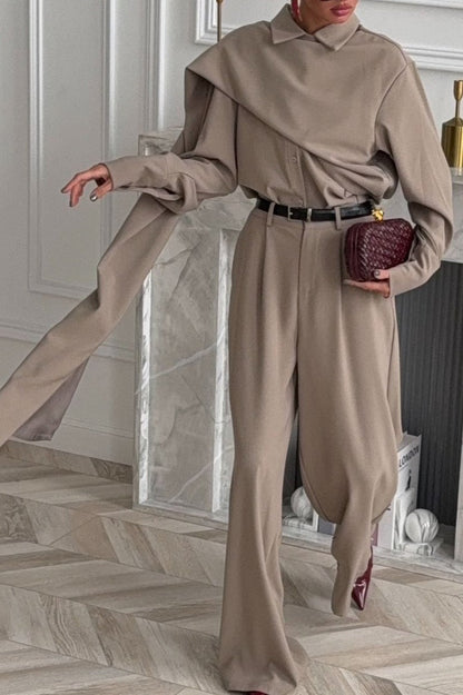 Vintage Chic Lapel Scarf Top & Wide Leg Pants Two Piece Set