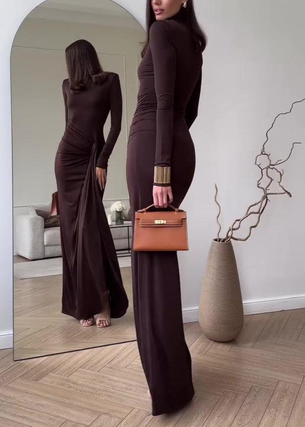 Mock Neck Long Sleeve Ruched Draped Panel Bodycon Maxi Dress