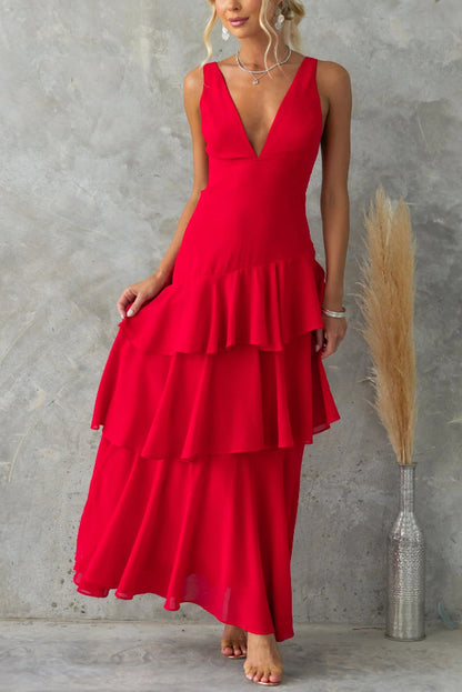 Solid Color V-neck Sleeveless Elegant Layered Maxi Dress