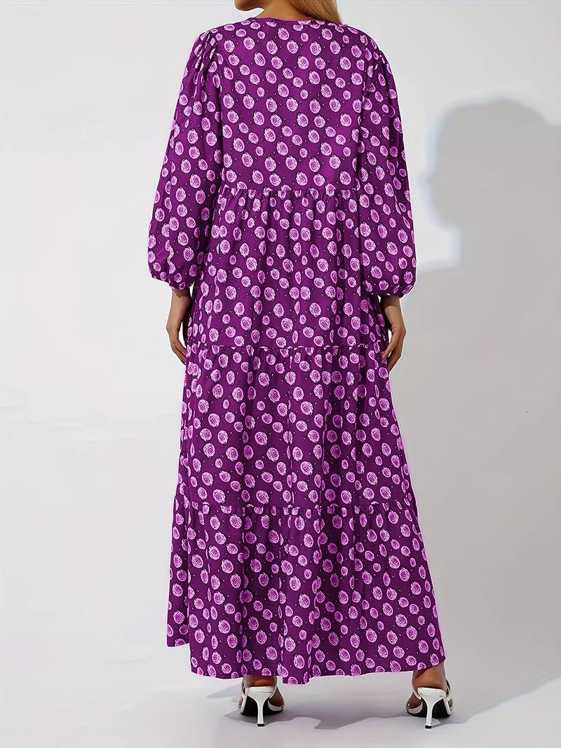 Harlequin Diamond Print Deep V Neck Puff Sleeve Tiered Maxi Dress