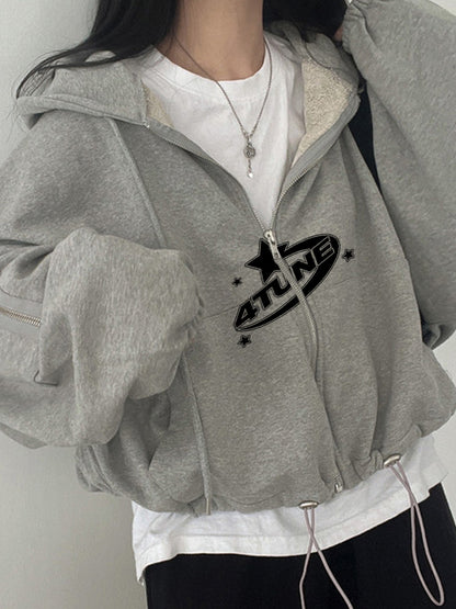 Star Letter Print Zipper Drawstring Hem Oversized Hoodie