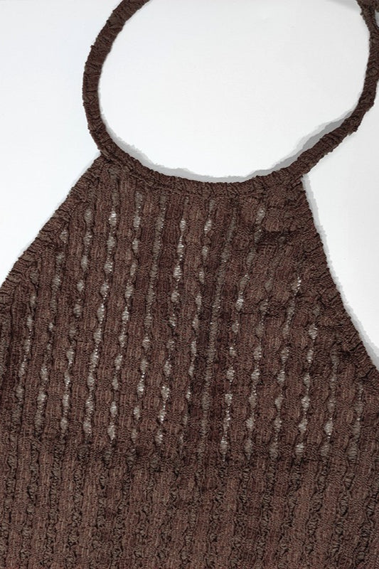 Halter Neck Ribbed Knit Sheer Stripe Bodycon Maxi Dress
